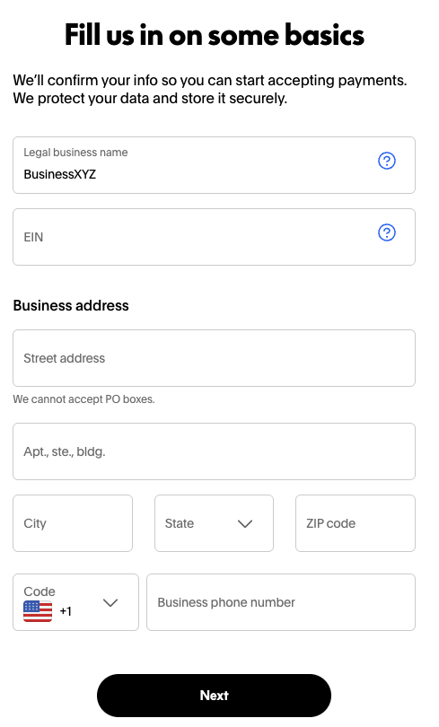 Business flow and business name, EIN and address